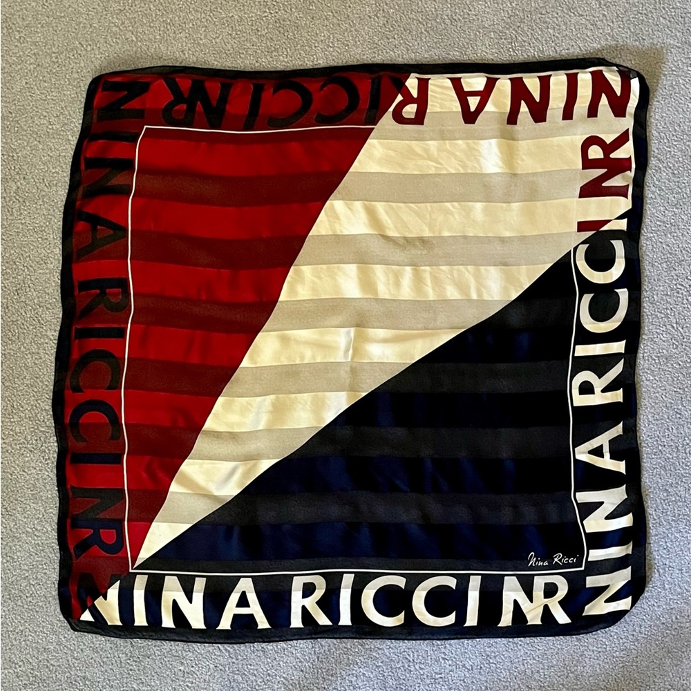 Nina Ricci Silk Logo Scarf, Maroon, Navy & Cream, 34”x34” Square